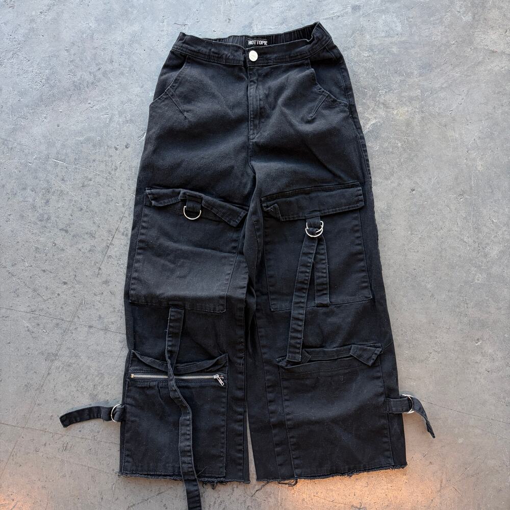 Vintage Y2k Hot Topic Buckle Grunge Black Wide Leg Flare Cargo Pants 1/27